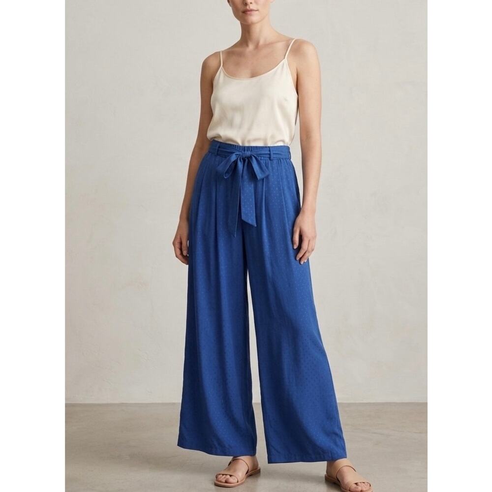 FRNCH‎ Paris Blue Wide Leg Pants Trousers High Waist Tie Belt Viscose Blend XS
